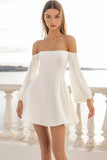 White A Line Off The Shoulder Mini Graduation Dress with Long Sleeves