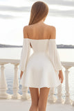White A Line Off The Shoulder Mini Graduation Dress with Long Sleeves