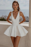 Simple V Neck A Line Short White Graduation Dress