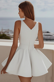 Simple V Neck A Line Short White Graduation Dress