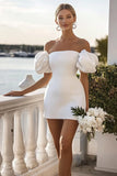 Off The Shoulder White Bodycon Graduation Dress with Puff Sleeves