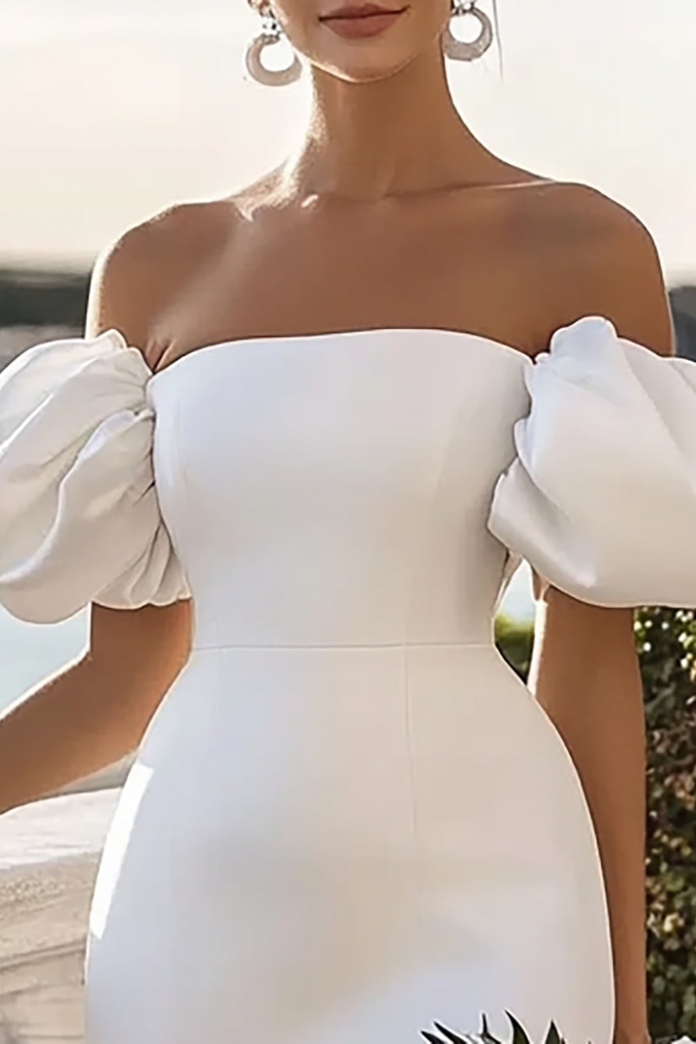 Off The Shoulder White Bodycon Graduation Dress with Puff Sleeves