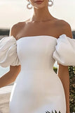 Off The Shoulder White Bodycon Graduation Dress with Puff Sleeves