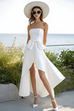 Strapless A Line White High-Low Holiday Party Dress With Bow