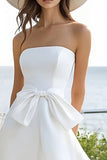 Strapless A Line White High-Low Holiday Party Dress With Bow