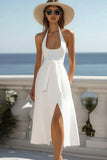 Halter A Line White Midi Graduation Dress With Slit