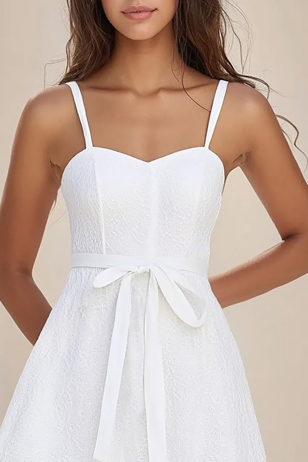 White A Line Spaghetti Straps Short Lace Graduation Dress