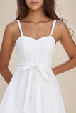 White A Line Spaghetti Straps Short Lace Graduation Dress
