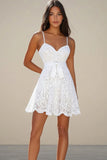 White Spaghetti Straps A Line Lace Graduation Dress
