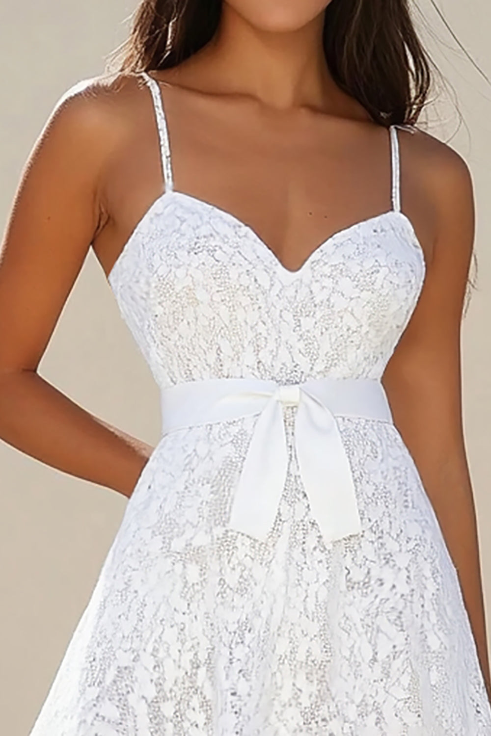 White Spaghetti Straps A Line Lace Graduation Dress