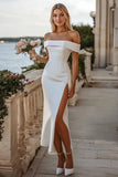 Off The Shoulder Satin White Sheath Tea Length Wedding Dress With Slit