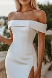 Off The Shoulder Satin White Sheath Tea Length Wedding Dress With Slit