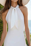 Simple Halter White Sheath Short Graduation Dress