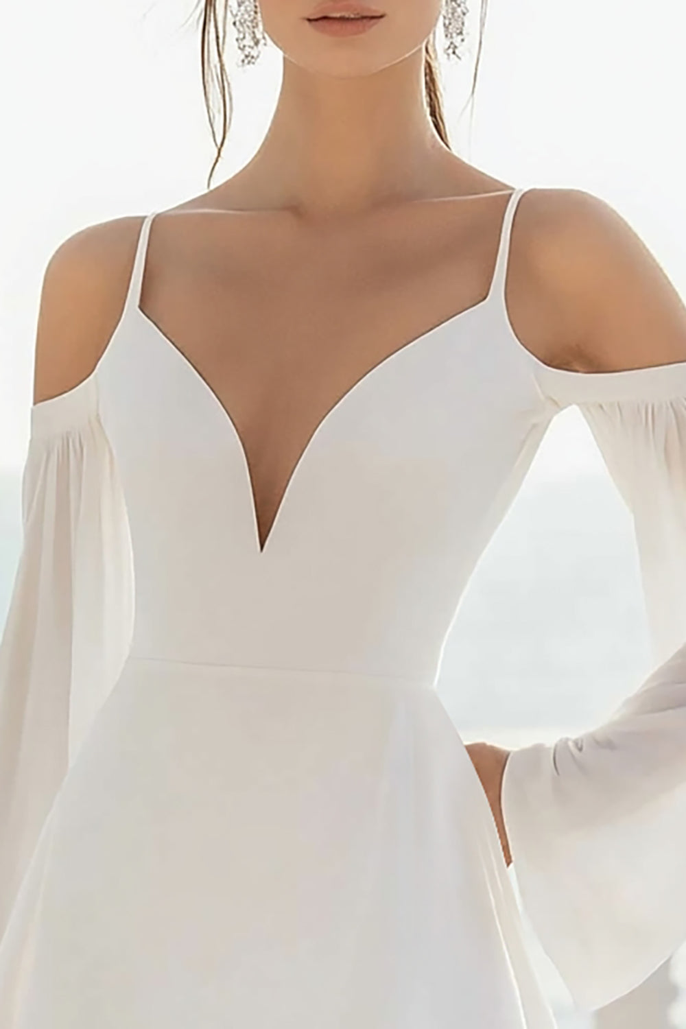 Cold Shoulder Chiffon A Line White Graduation Dress with Long Sleeves