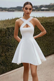 Satin Cross Halter A Line Short White Graduation Dress