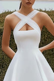 Satin Cross Halter A Line Short White Graduation Dress