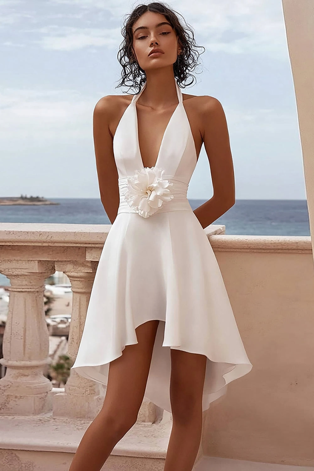 White V Neck High-Low Graduation Dress With 3D Flowers