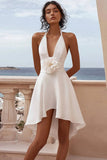 White V Neck High-Low Graduation Dress With 3D Flowers