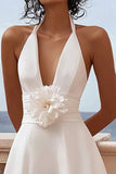 White V Neck High-Low Graduation Dress With 3D Flowers