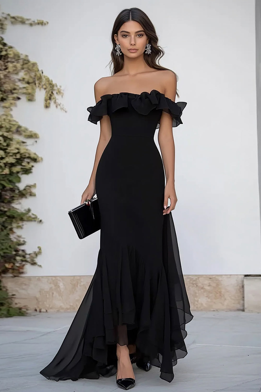 Off The Shoulder Chiffon Black Tie Dress with Ruffles