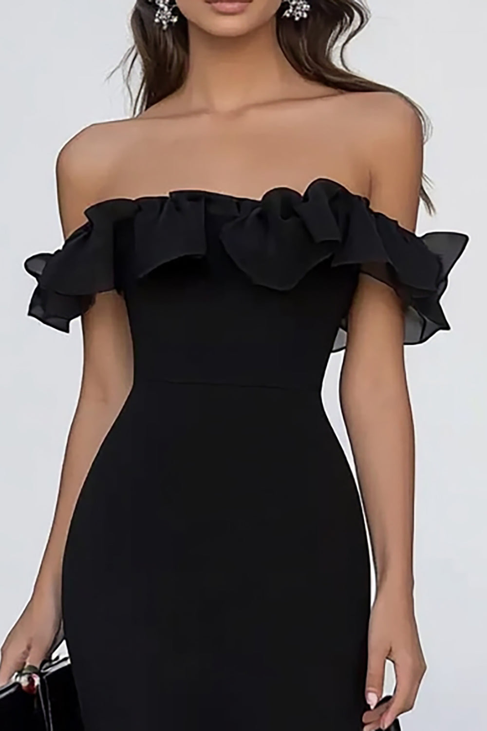 Off The Shoulder Chiffon Black Tie Dress with Ruffles