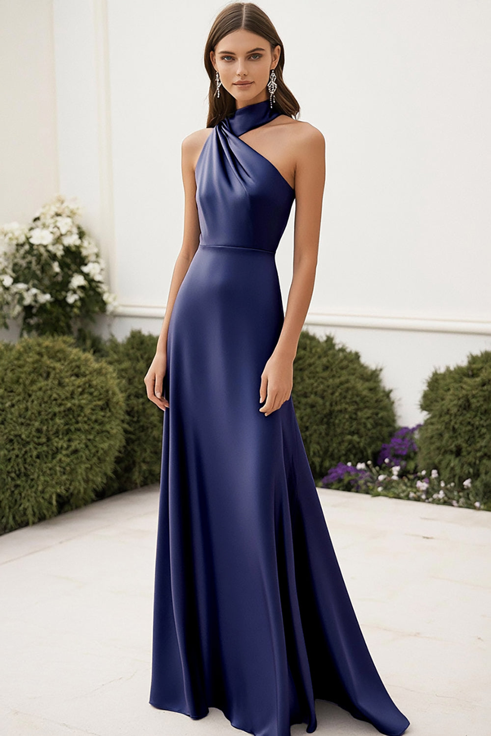 Halter Satin Navy Long Formal Dress