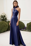 Halter Satin Navy Long Formal Dress
