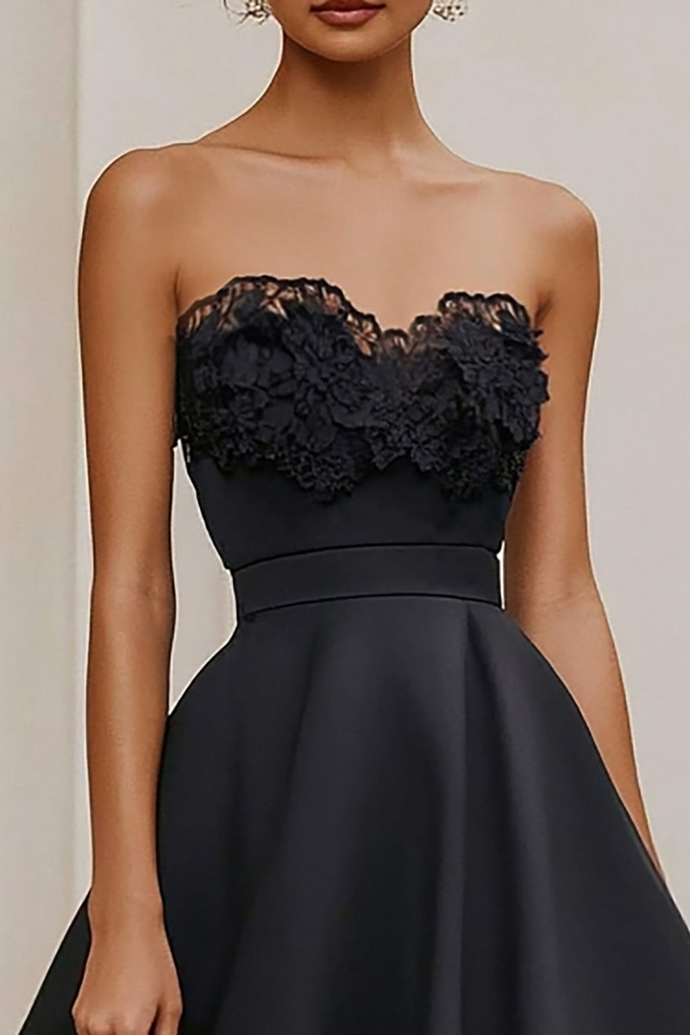 Strapless Satin Appliqued A Line Black Tie Dress