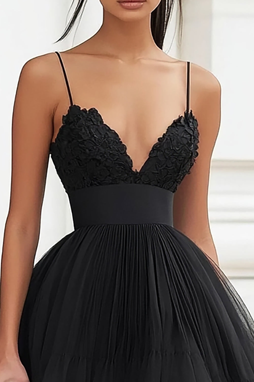 Black A Line Tiered Tulle Graduation Dress with Appliques