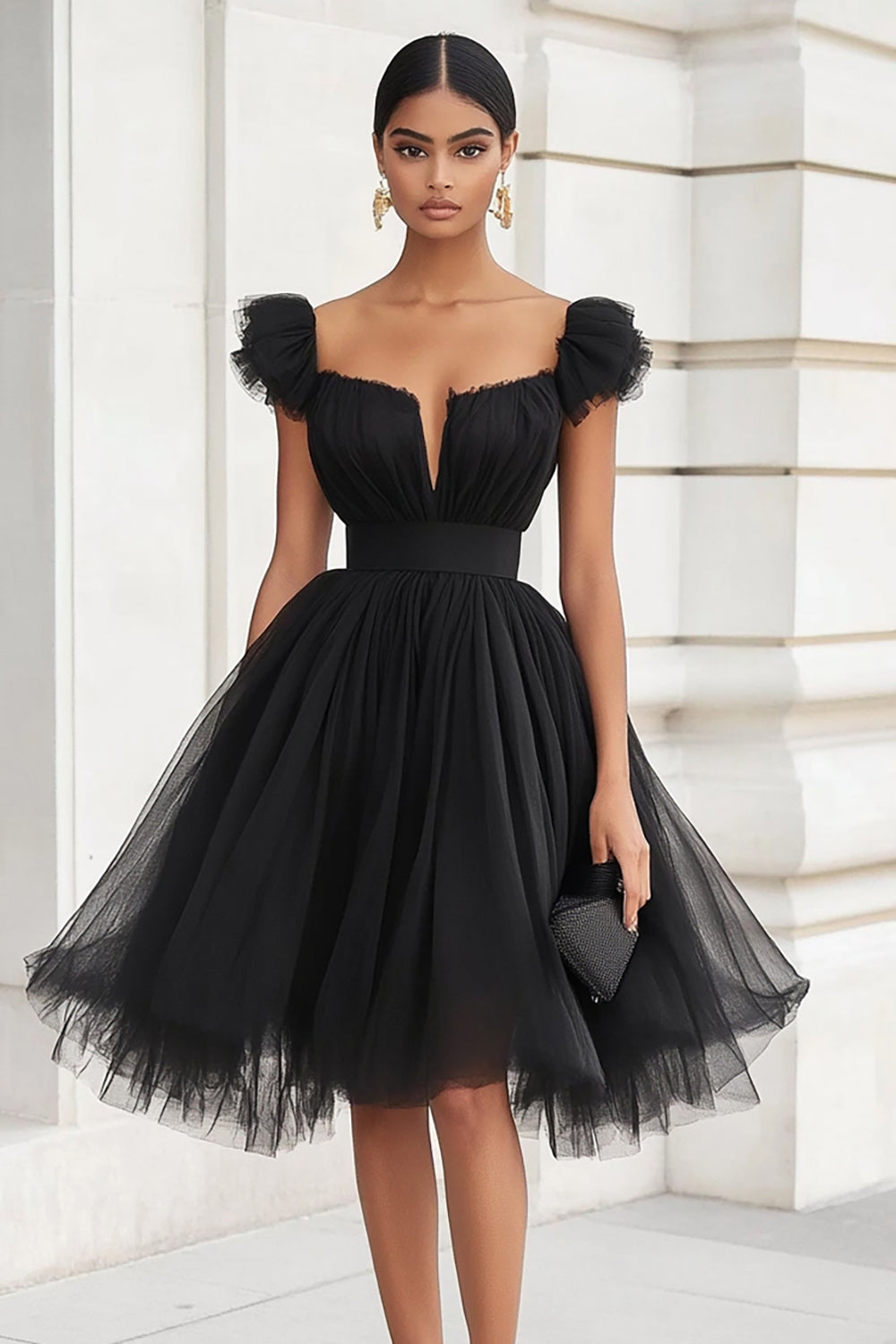 Tulle Ruched A Line Little Black Dress
