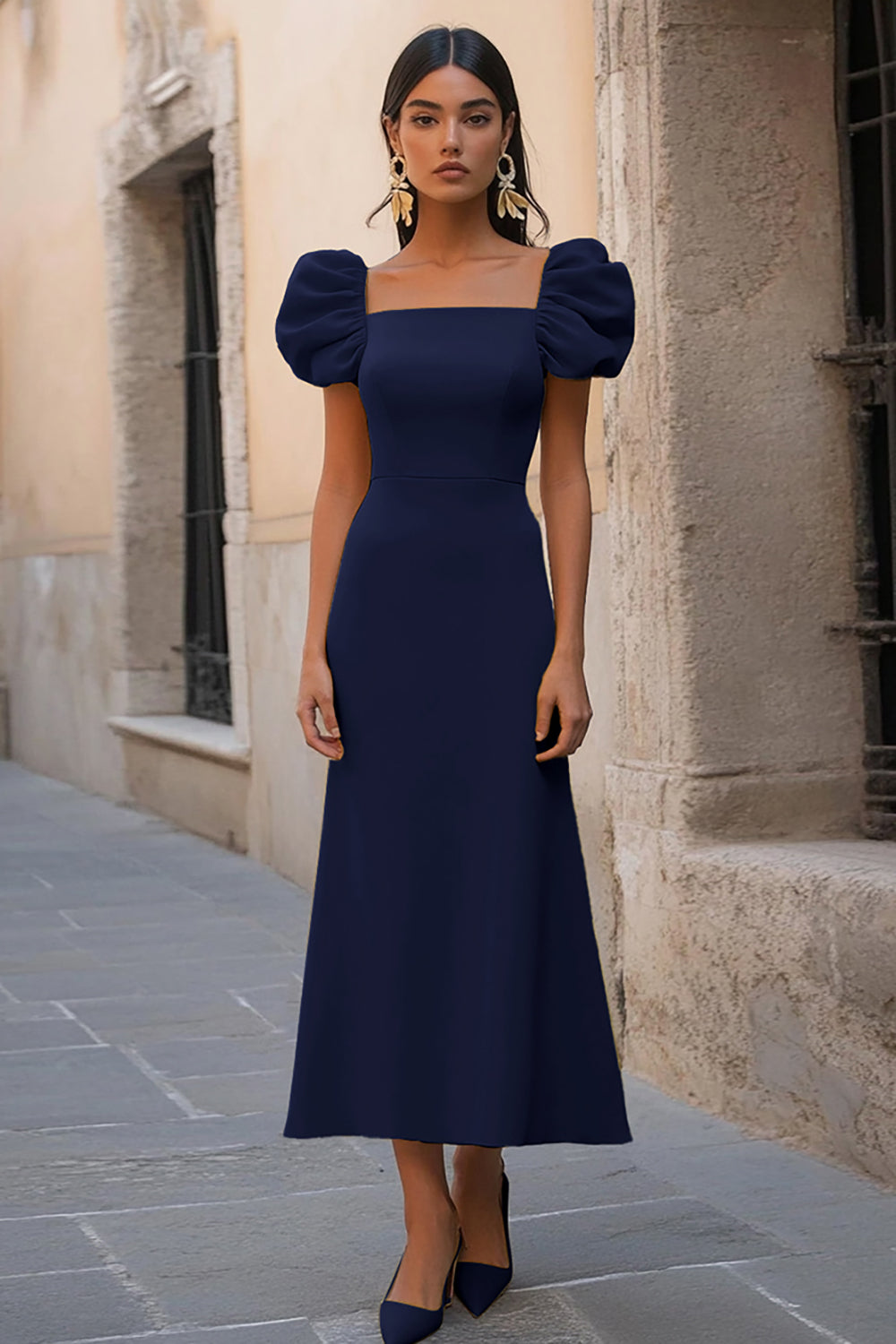 Navy A Line Formal Dress with Puff Sleeves