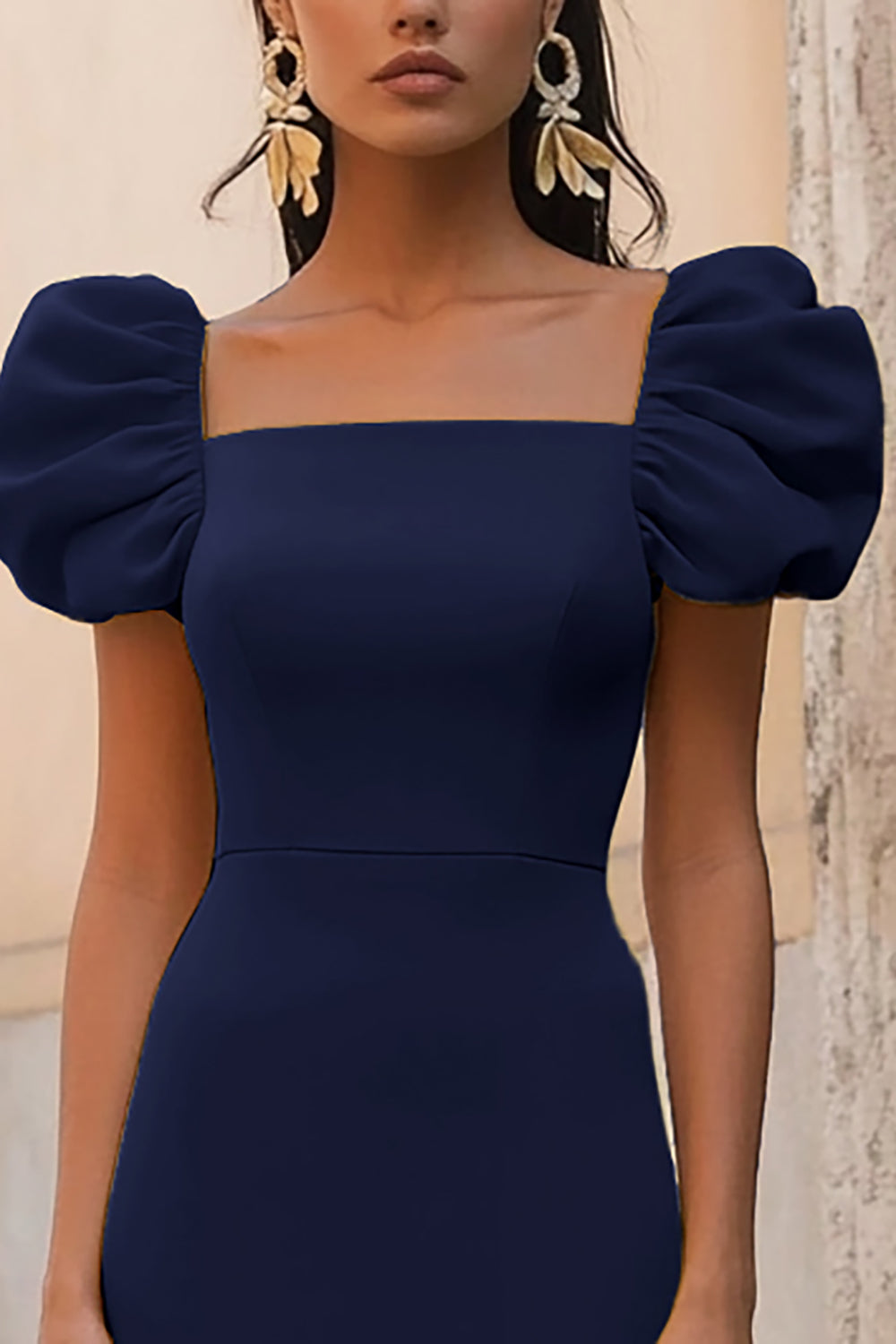 Navy A Line Formal Dress with Puff Sleeves