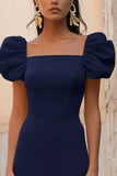 Navy A Line Formal Dress with Puff Sleeves