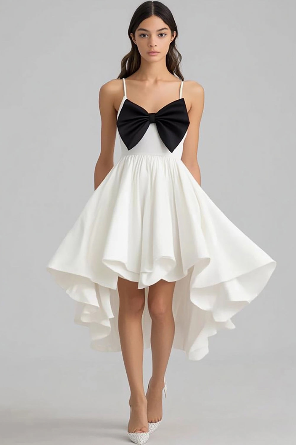 White A Line High-Low Graduation Dress with Bow