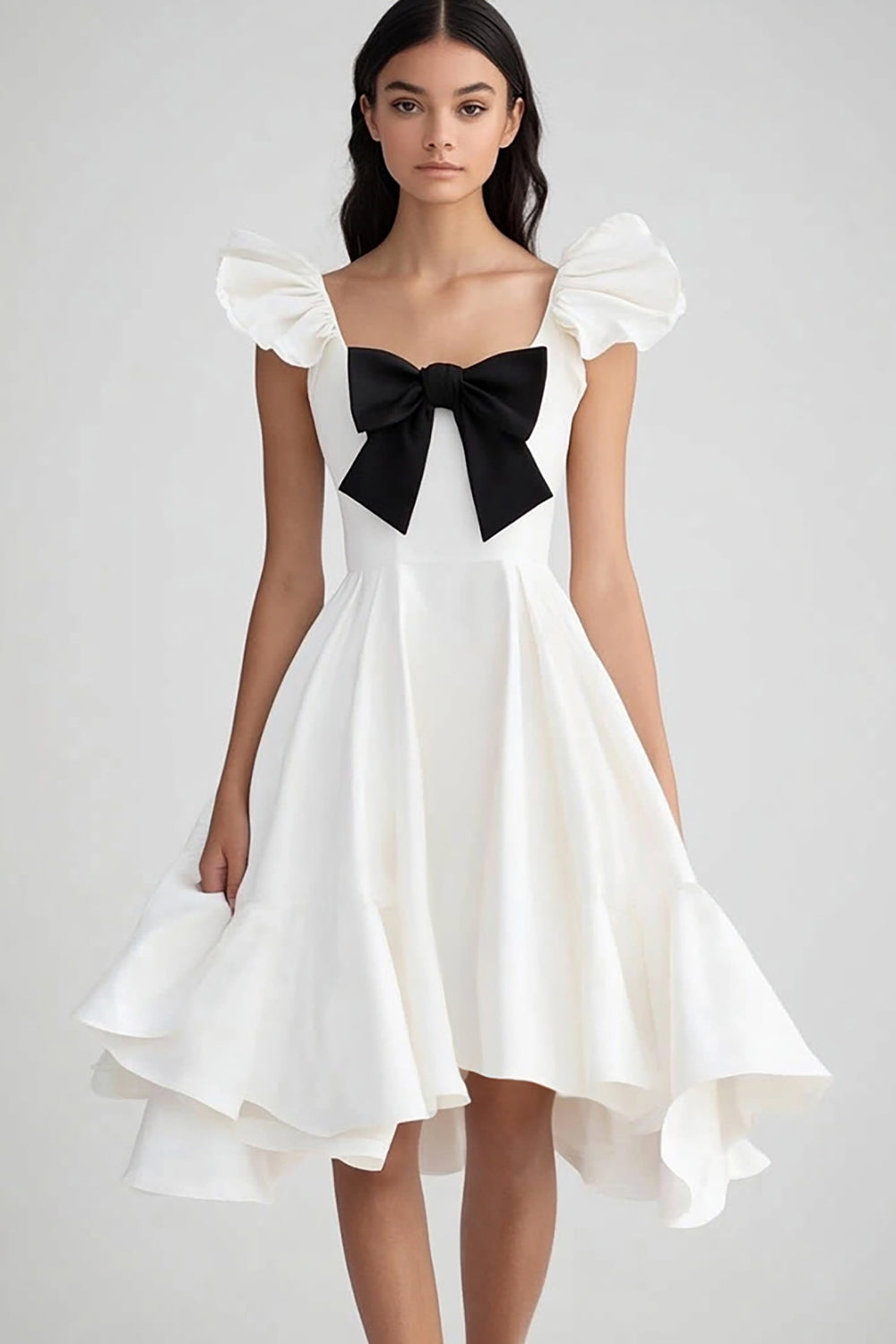 White A Line Ruffled Graduation Dress with Bow