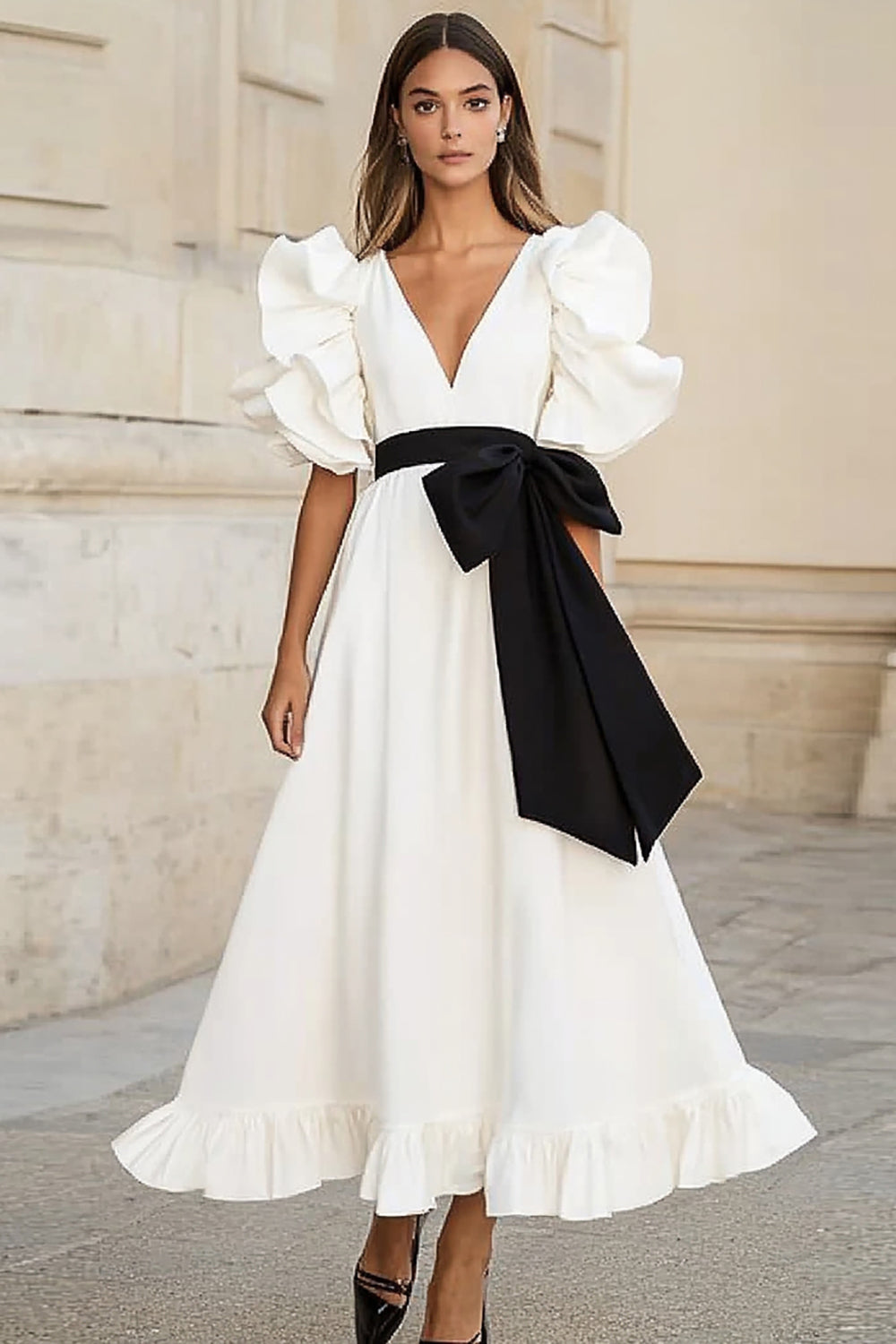 Ruffled White A Line Formal Dress with Bow