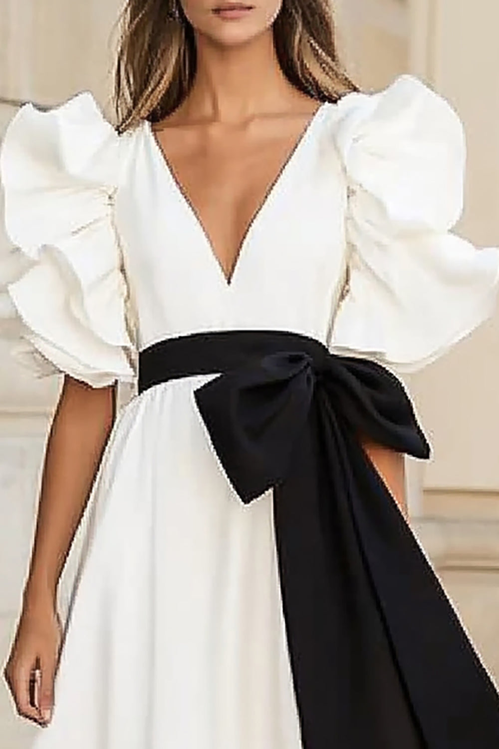 Ruffled White A Line Formal Dress with Bow