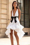 White Ruffled A Line High Low Graduation Dress with Bow
