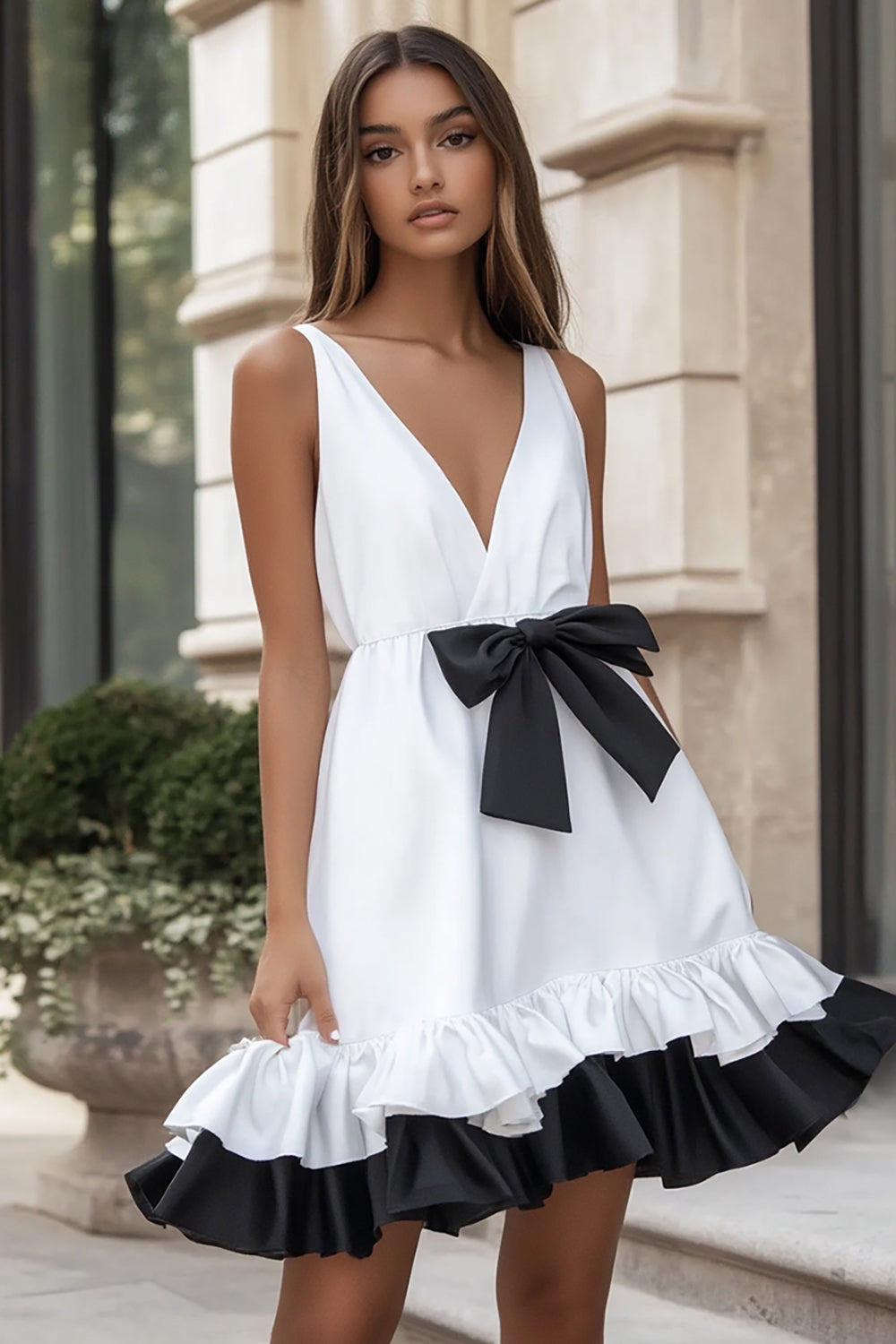 White A Line V Neck Ruffled Graduation Dress with Bow