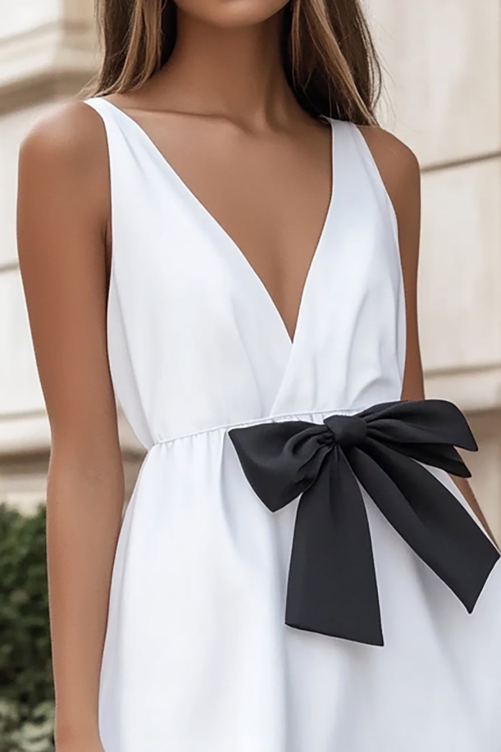 White A Line V Neck Ruffled Graduation Dress with Bow