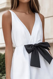 White A Line V Neck Ruffled Graduation Dress with Bow