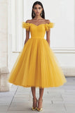 Off The Shoulder Ruched Tulle Yellow Prom Dress