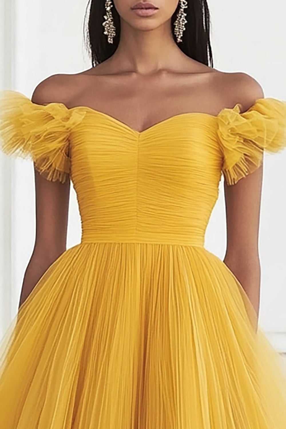 Off The Shoulder Ruched Tulle Yellow Prom Dress