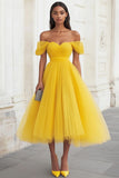 Yellow Off The Shoulder A Line Tulle Prom Dress