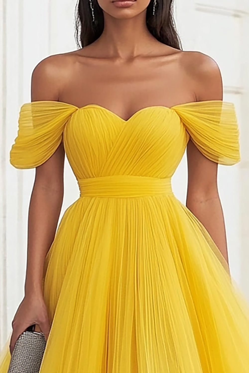 Yellow Off The Shoulder A Line Tulle Prom Dress
