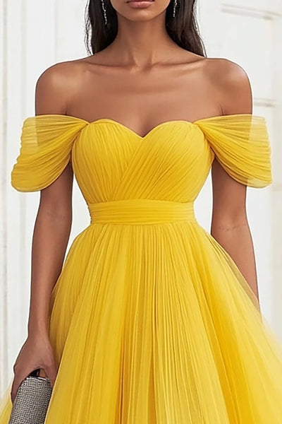 Yellow A-Line Sleeveless Formal Dress Pleated Floral Tulle Off Shoulder Evening Dress