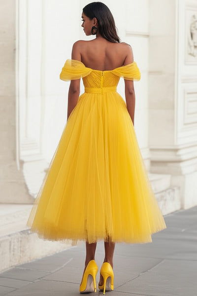 Berylove Women Off The Shoulder Yellow Wedding Guest Dress A Line Tulle Ruched Midi Party Dress