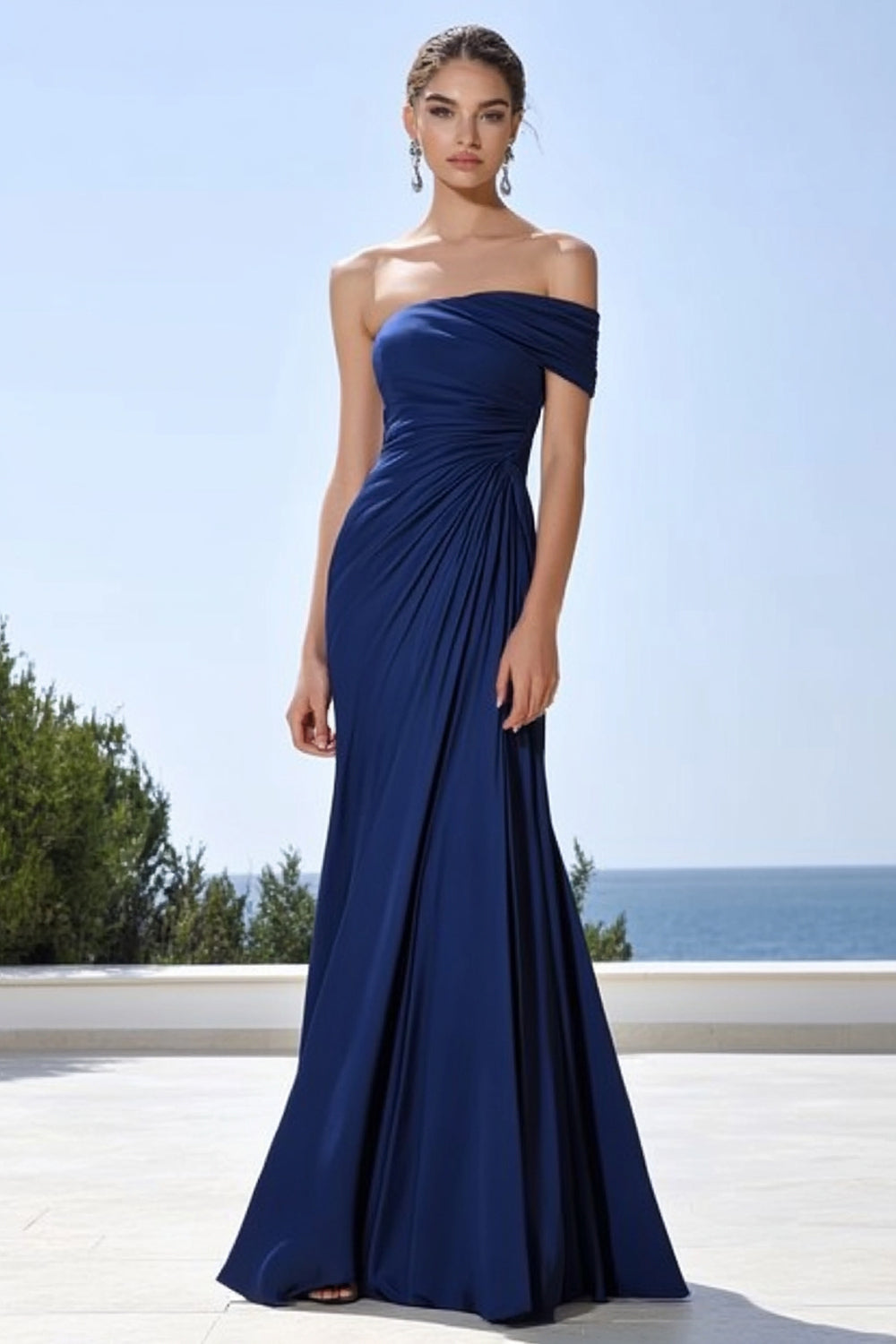 Mermaid One Shoulder Navy Ruched Formal Dress