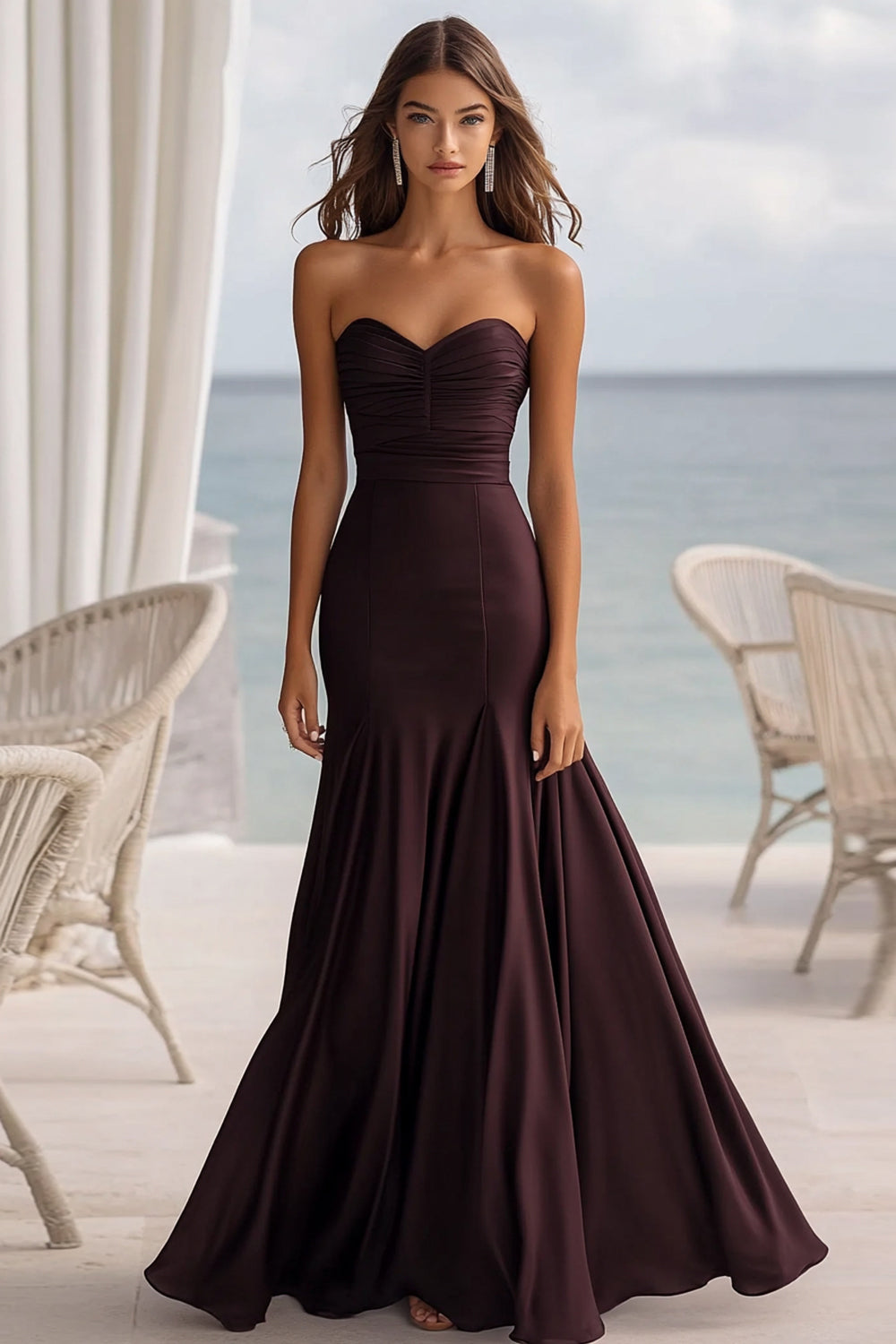 Strapless Coffee Mermaid Ruched Formal Dress