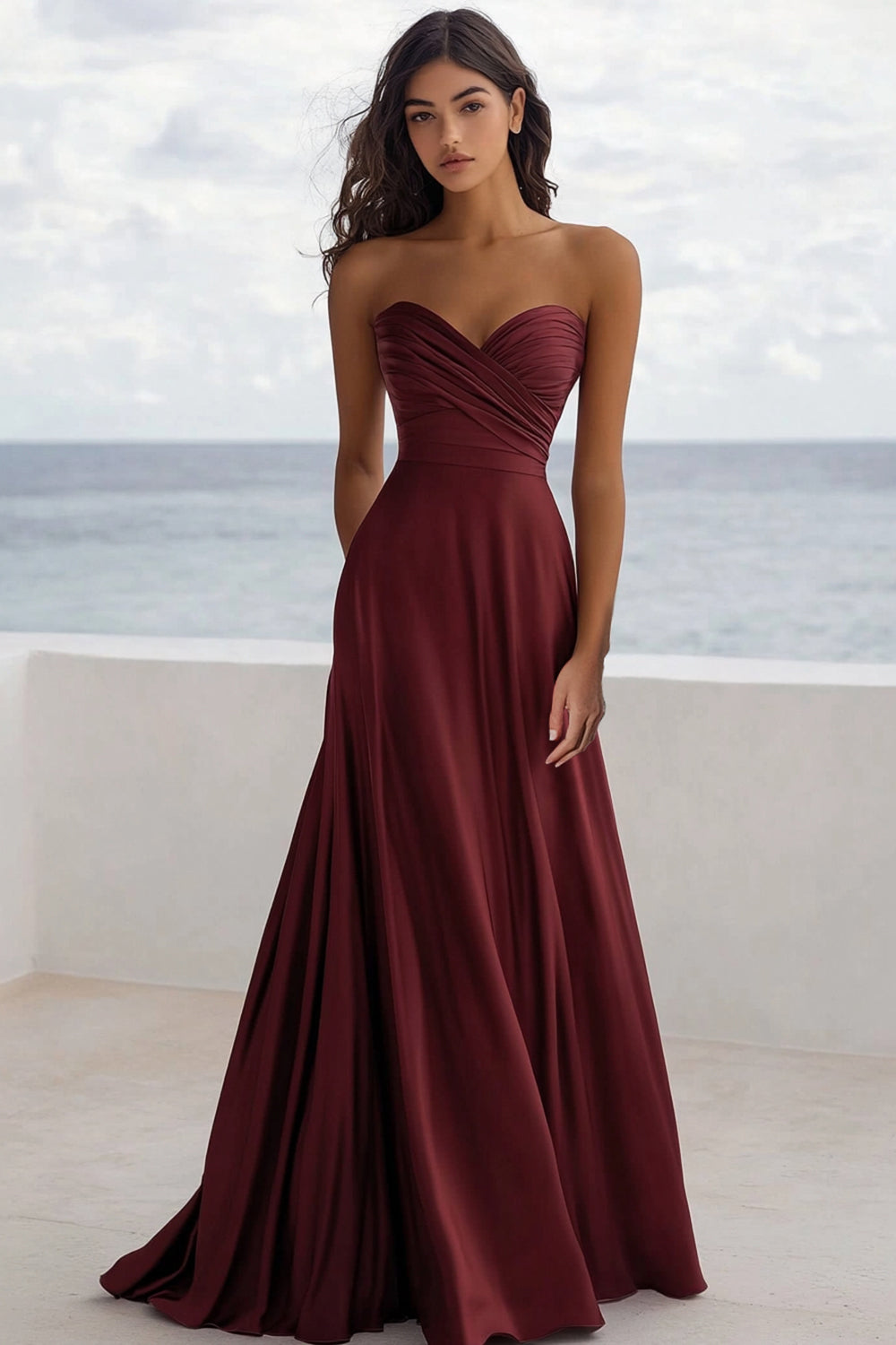 Strapless Burgundy A Line Ruched Formal Dress